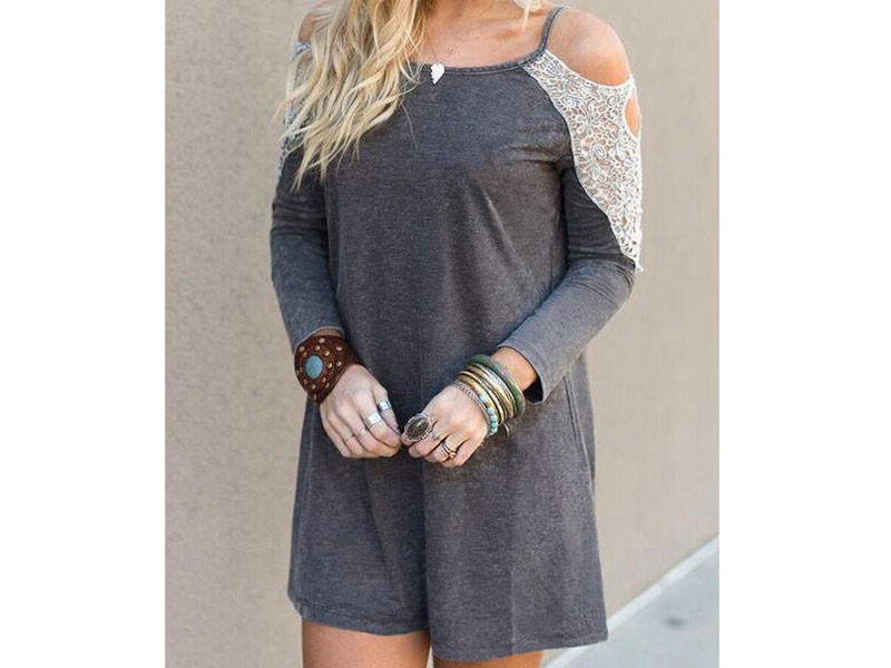 Women's Lace Splicing Hollow Out Cold Shoulder Mini Dress Gray