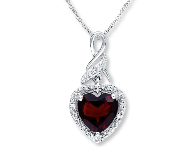 Women's Garnet Heart Necklace 1/20 ct tw Diamonds Sterling Silver