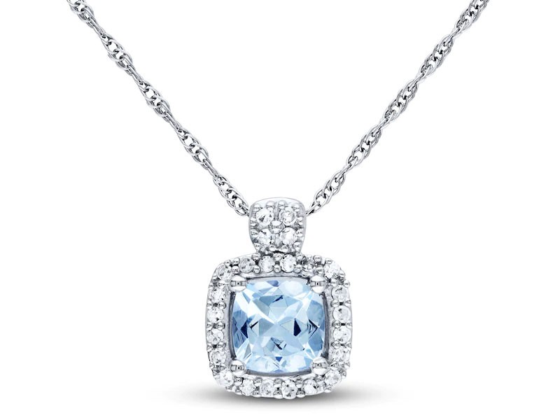 Women's Aquamarine Necklace 1/10 ct tw Diamonds 10K White Gold