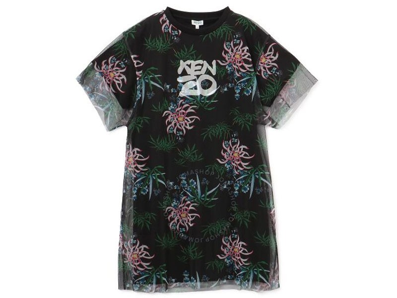 Kenzo Black Sea Lily-Print T-Shirt Dress