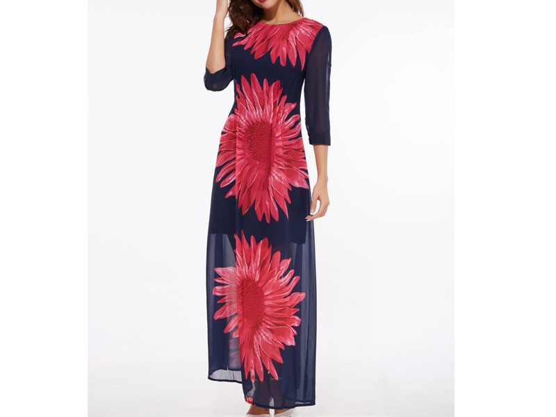 Ericdress Flower Print Three-Quarter Sleeve Round Neck Maxi Dress For Women