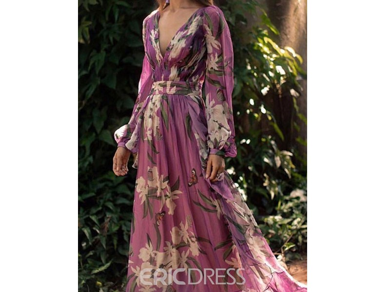 Ericdress V-Neck Floor-Length Print Office Lady A-Line Dress For Women
