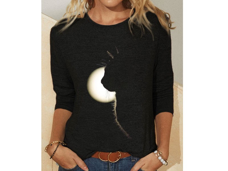 Cartoon Cat Moon Printed O-neck Casual T-shirt For Women