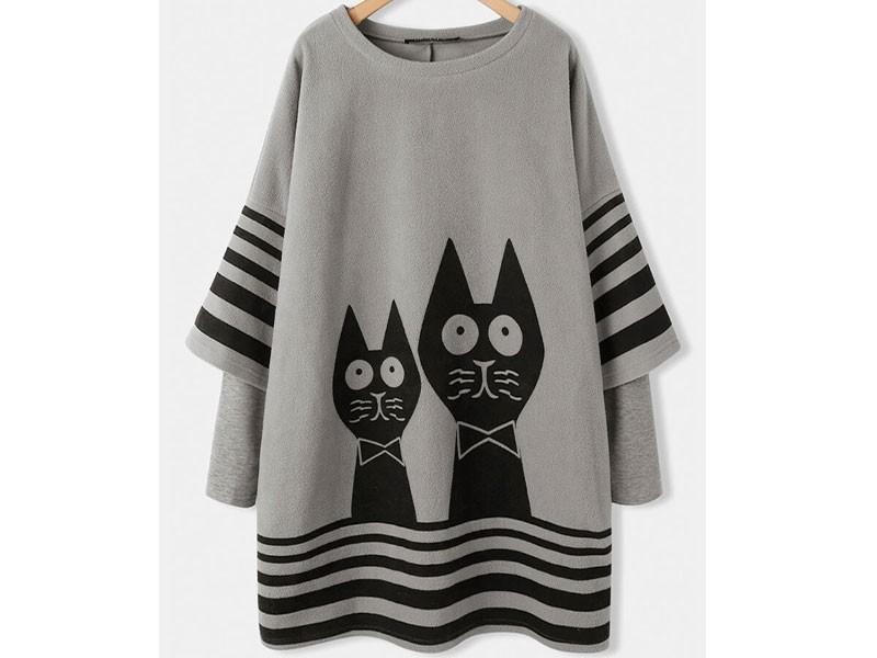 Vintage Cat Striped Printed Long Sleeve O-neck Dress For Women