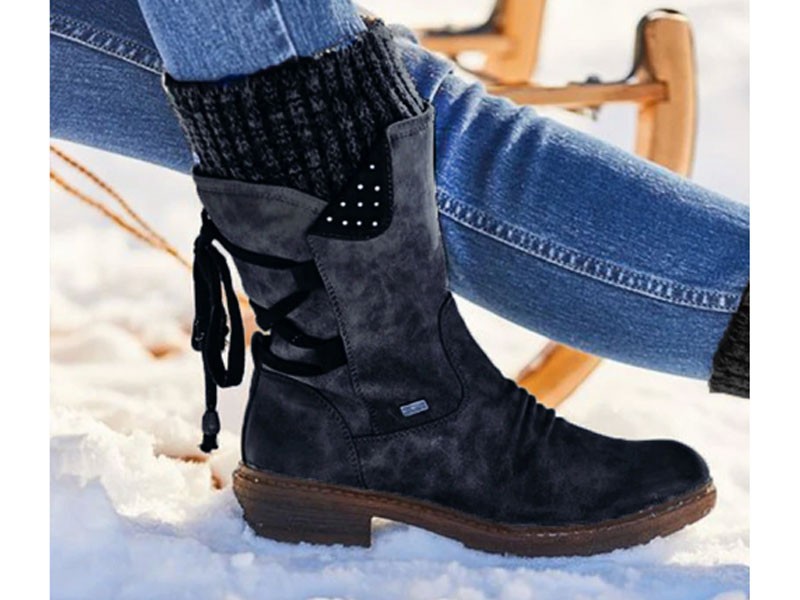 Large Size Women Winter Snow Strappy Block Heel Mid Calf Boots