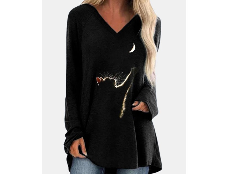 Cat Print Long Sleeves V-neck Casual T-shirt For Women