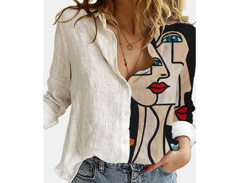 Vintage Printed Patchwork Stand Collar Long Sleeve Button Blouse For Women