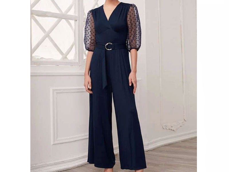 Shein Polka Dot Flocked Mesh Puff Sleeve O-ring Belted Jumpsuit For Women