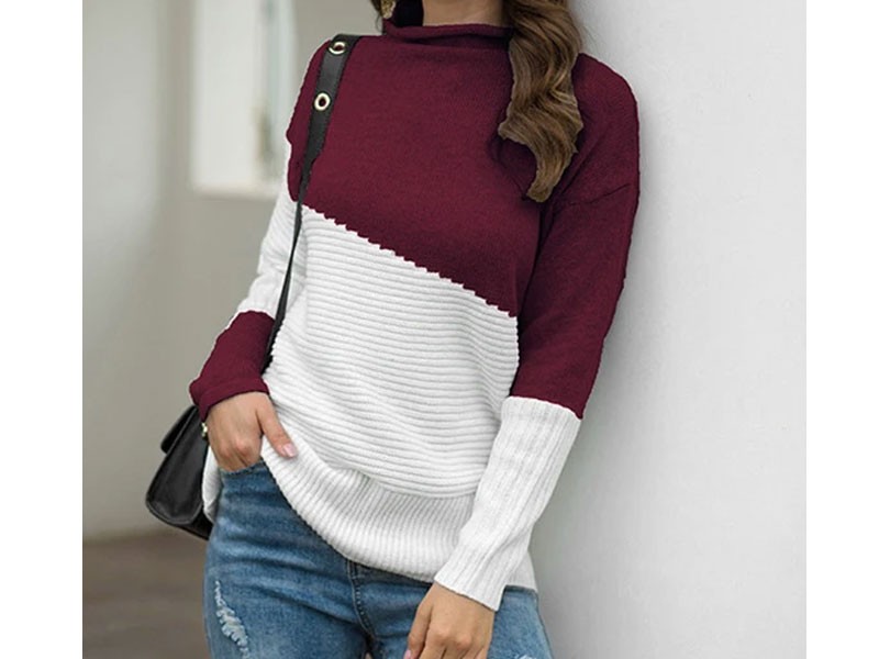 Color Block Turtleneck Long Sleeves Sweater For Women