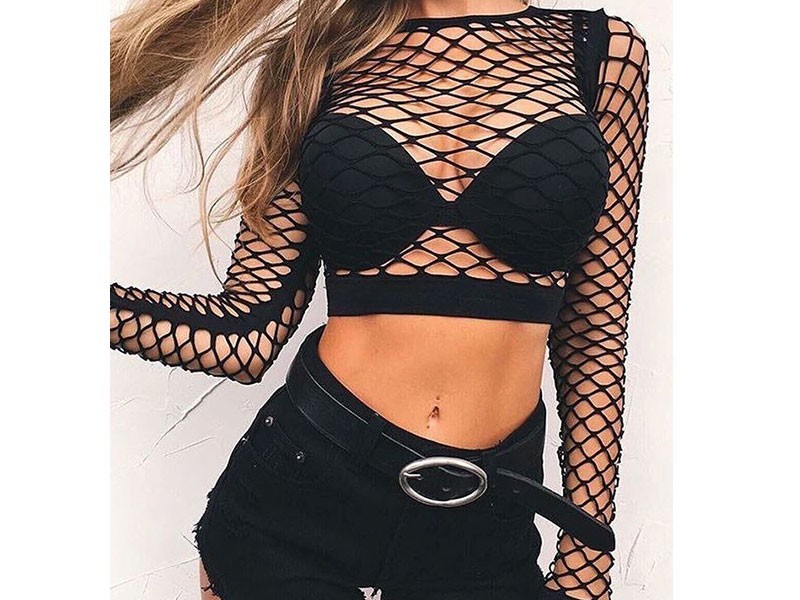 Sexy Black Grid Long Sleeves Crop Top For Women