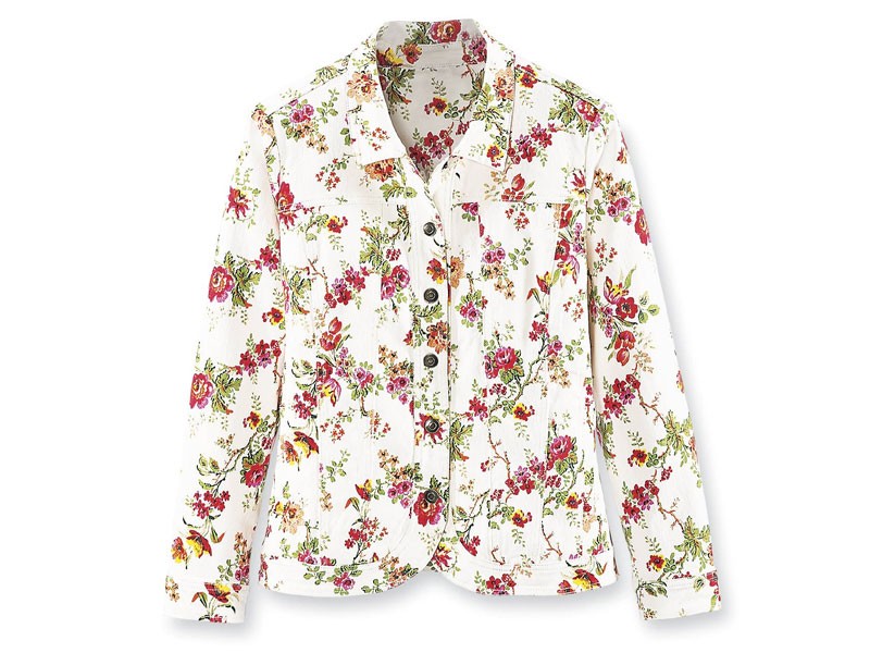 Floral-Print White Denim Jacket For Women