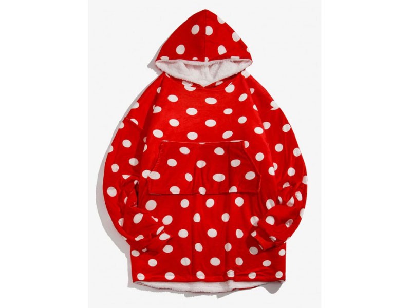 Polka Dot Print Fleece Blanket Red Hoodie For Men & Women