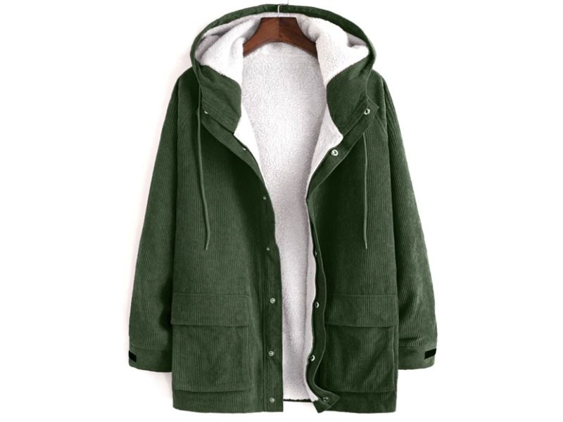 Women's Faux Fur Raglan Sleeve Hooded Corduroy Jacket Army Green M