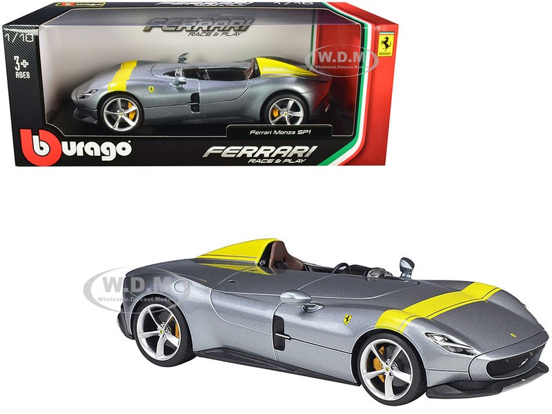 Ferrari Monza SP1 Silver Metallic with Yellow Stripes Diecast Model Car