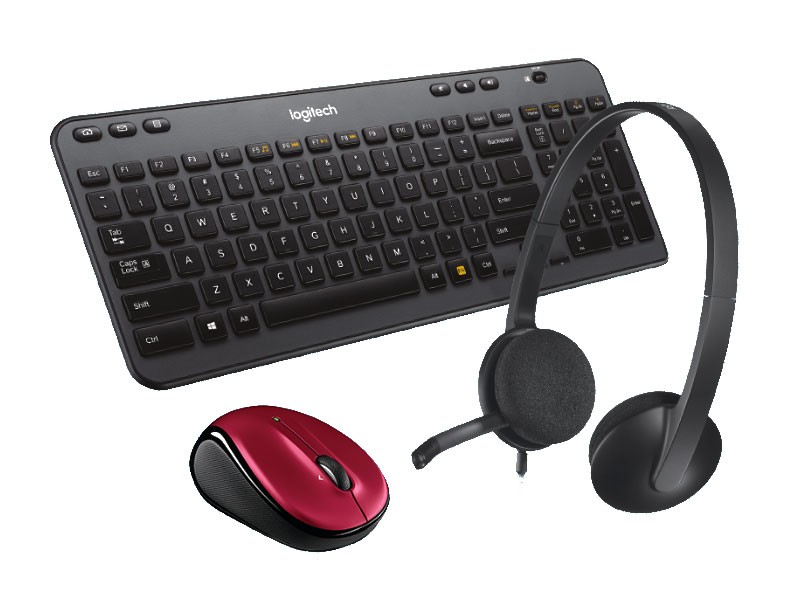 Logitech Wireless Mouse Space Saving Keyboard USB Headset Bundle