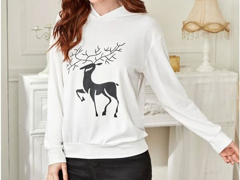Deer Print 3D Design Hooded Sweatshirt For Women
