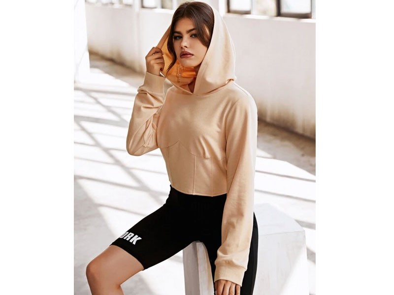 Solid Ruched Crop Hoodie For Women