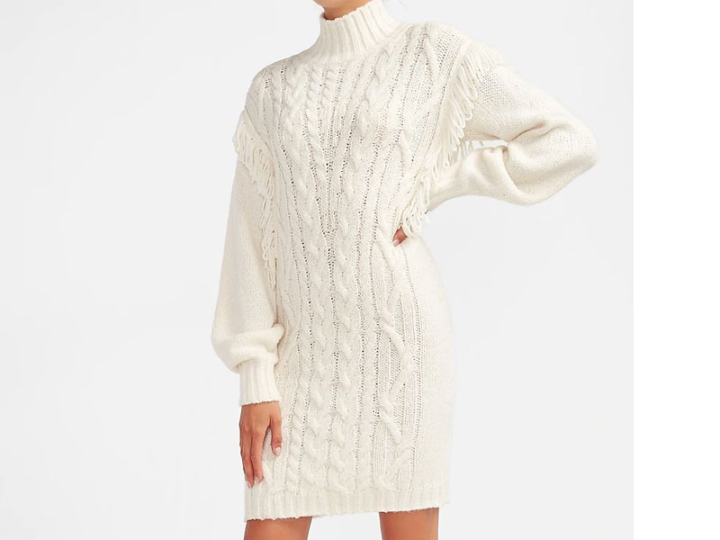 Cable Knit Fringe Shoulder Sweater Dress For Women