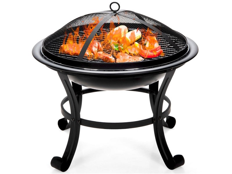 Gymax Steel Outdoor Fire Pit Bowl BBQ Grill Wood Cooking Grate
