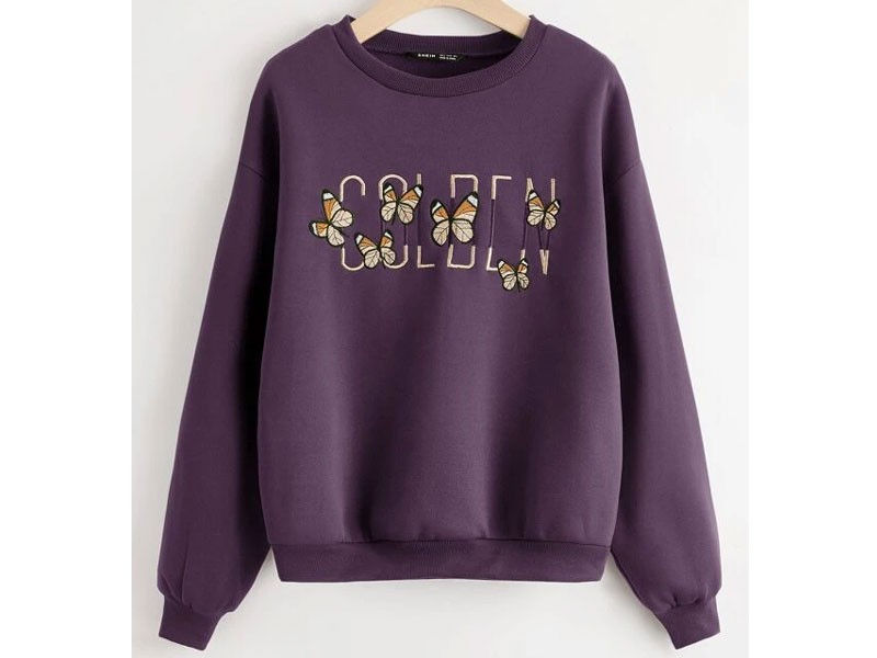 Women's Butterfly & Letter Embroidered Drop Shoulder Thermal Sweatshirt