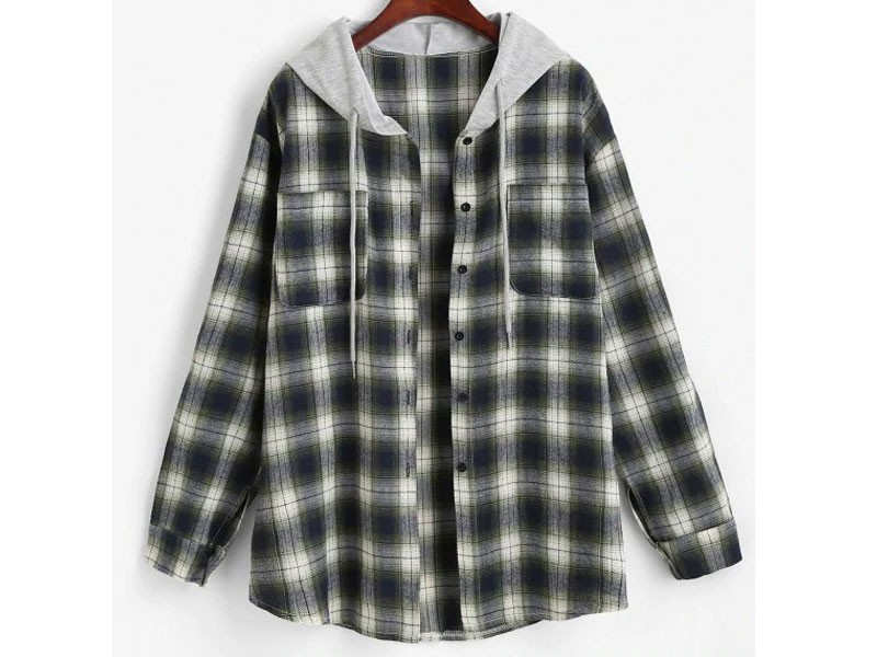 Women's Hooded Checked Front Pocket Jacket