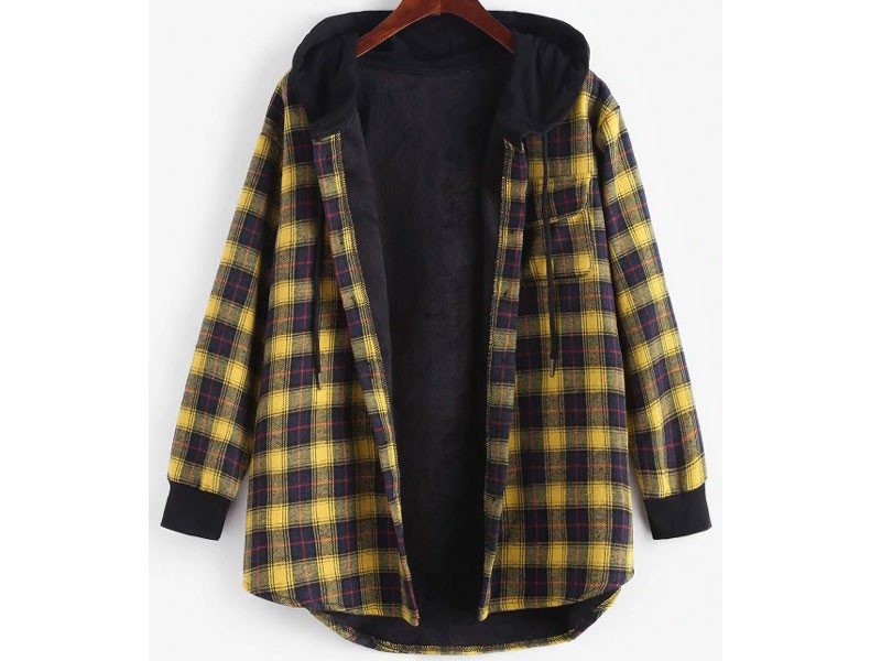 Women's Plaid Button Up Pocket Hooded Coat