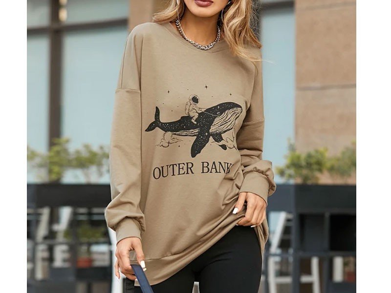 Yoins Khaki Shark Graphic Letter Crew Neck Long Sleeves Sweatshirt For Women