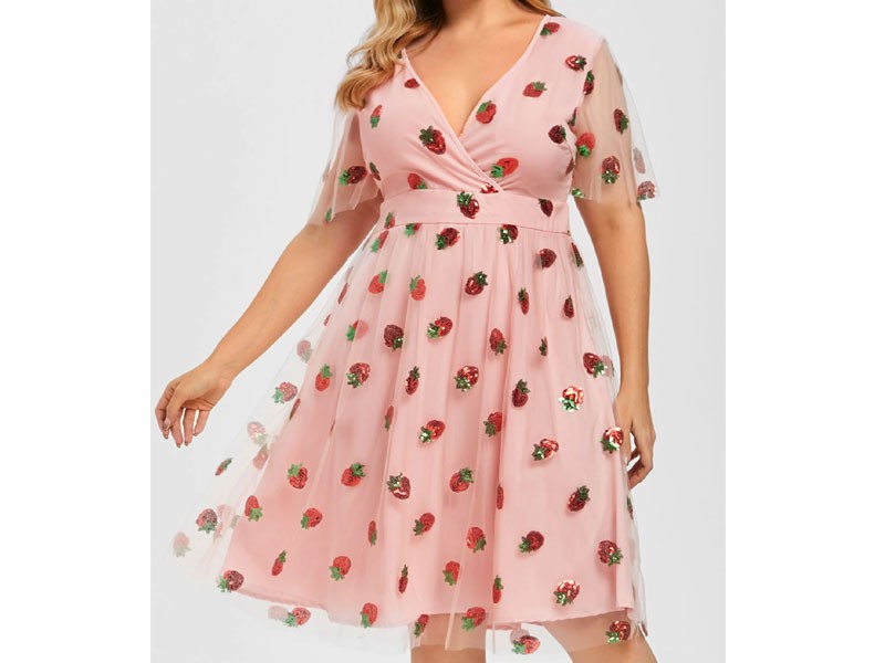 Women's Plus Size Mesh Strawberry Sequin Surplice Plunge Dress