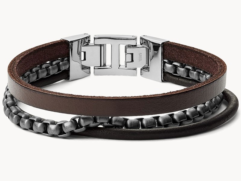 Fossil Men's Multi-Strand Gunmetal-Tone Steel and Leather Bracelet