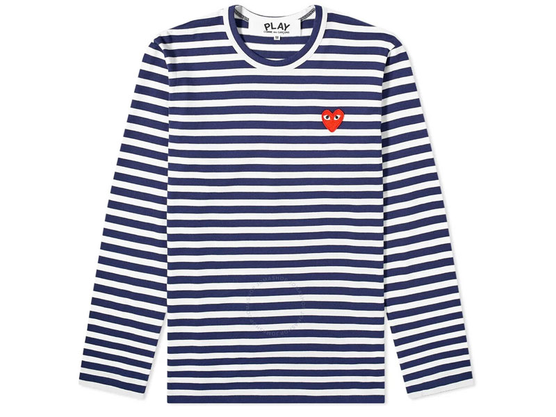 Comme Des Garcons Men's White Long Sleeve Heart Logo Stripe T-Shirt