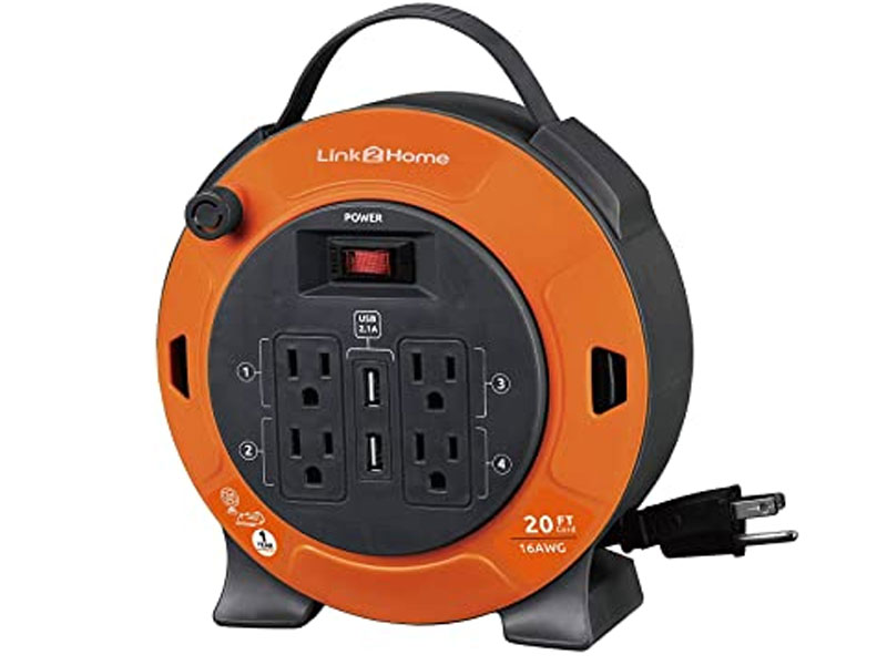 Link2Home 20' Extension Cord Reel With USB 4 Outlets
