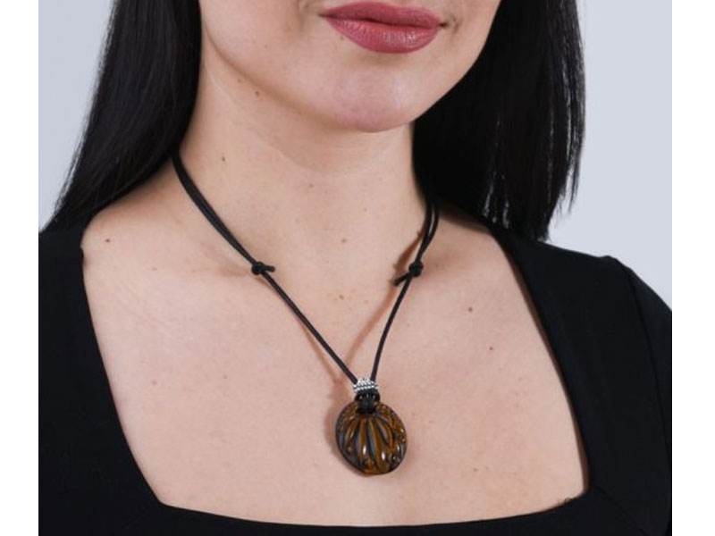Women's Black Cord and Carved Tiger’s Eye Gemstone Adjustable Knot Necklace