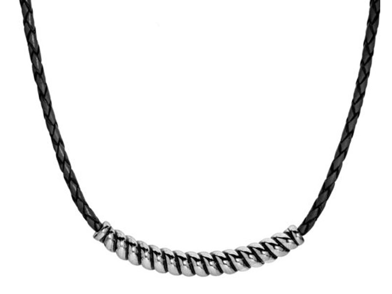 Women's Sterling Silver Twisted Rope Bar Black Ebony Braided Leather Necklace