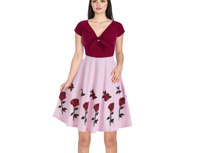 Women's Raglan Sleeve Rose Flower Print Contrast Dress