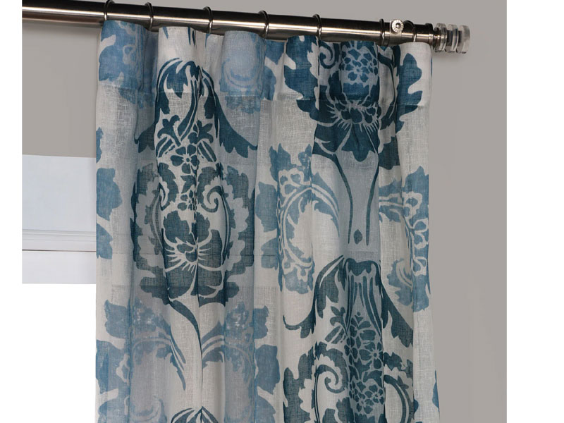 Damascus Teal Printed Faux Linen Sheer Curtain