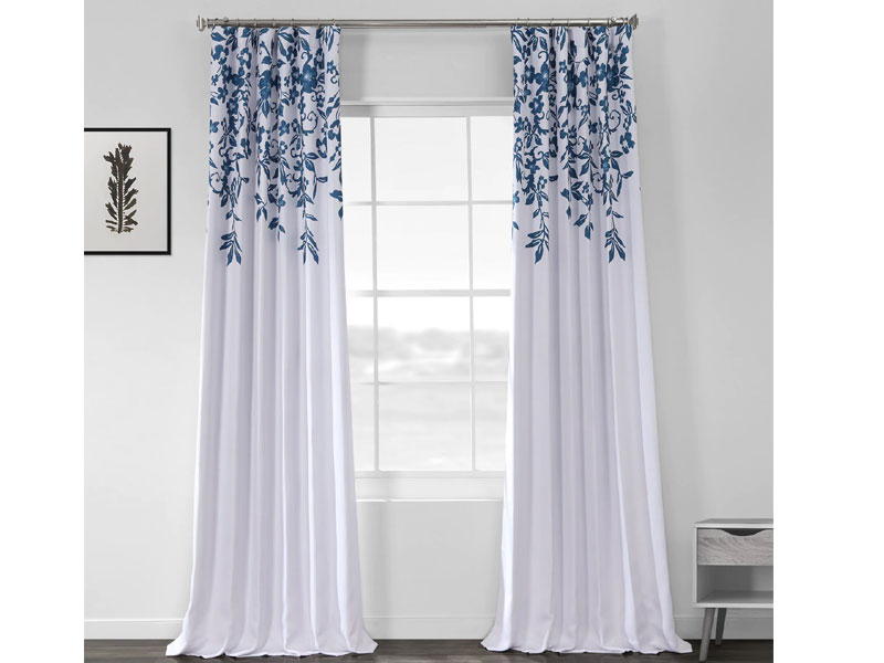 Temple Garden Blue Printed Linen Textured Blackout Curtain