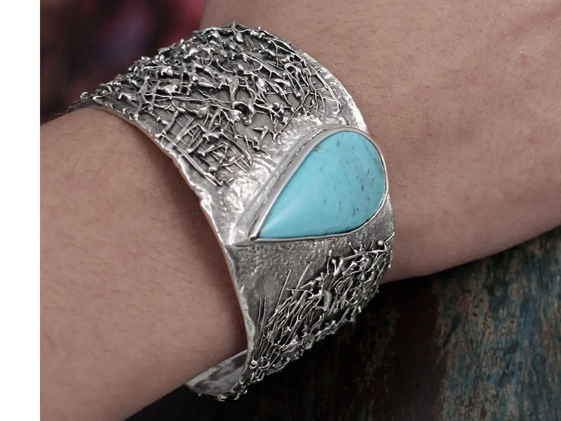 Taxco Silver Jewelry With Natural Turquoise Cuff Bracelet For Women
