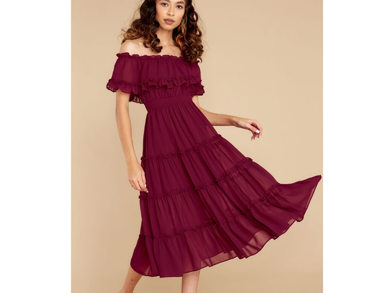 As She Goes Wine Off The Shoulder Midi Dress For Women
