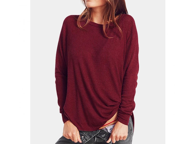 Women's Burgundy Slit Design Plain One Shoulder Long Sleeves Knitted Top