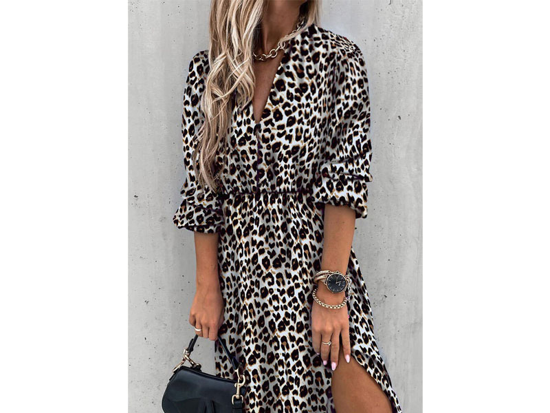 Women's Leopard Ruffled Slit Elastic Cuff Casual Dress