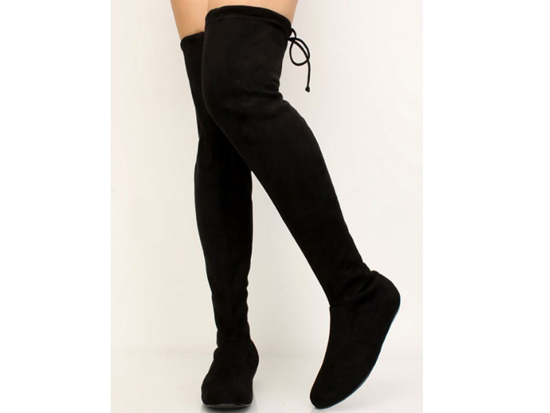 Women's Black Faux Suede Flat Thigh High Riding Boots