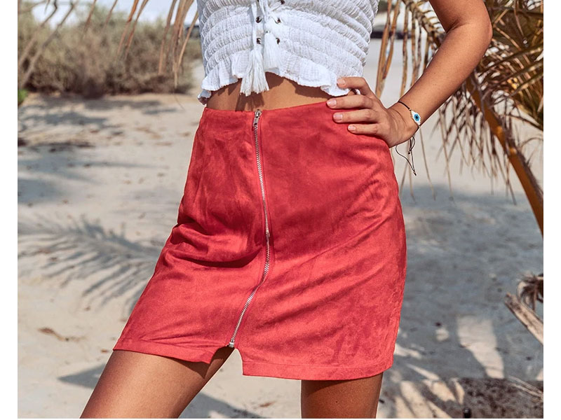 Women's Orange Red Zipper Mini Skirt