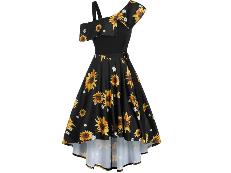 Women's Printed Sunflower O Ring Belt A Line Dress