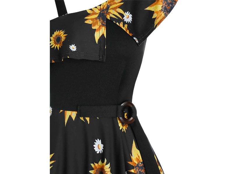 Women's Printed Sunflower O Ring Belt A Line Dress