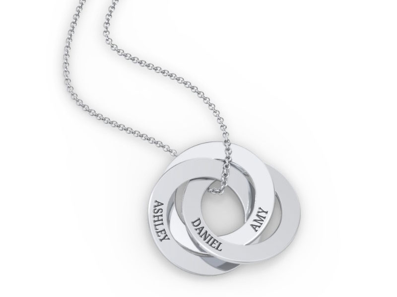 Women's Jewlr Engraved 3 Interlocking Russian Rings Necklace