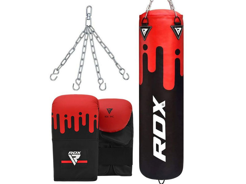 RDX F9 4ft 5ft 3-in-1 Red Black Punch Bag With Mitts Set
