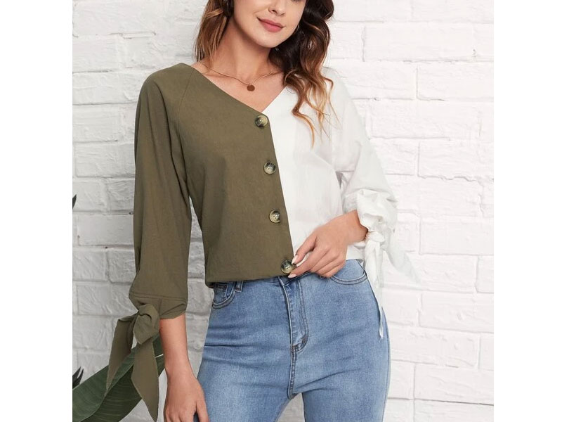 Women's Knotted Cuff Button Front Spliced Blouse