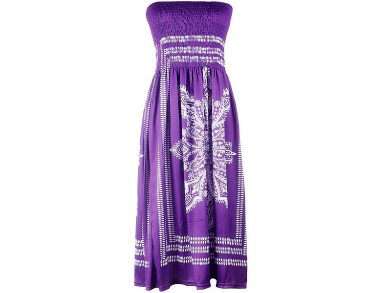 Women's Purple Tribal Print Strapless Sexy Midi Dress