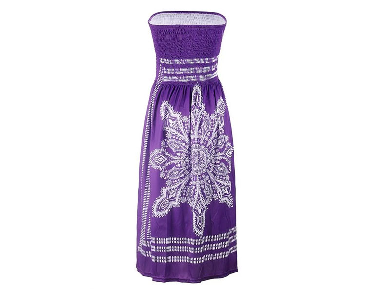 Women's Purple Tribal Print Strapless Sexy Midi Dress