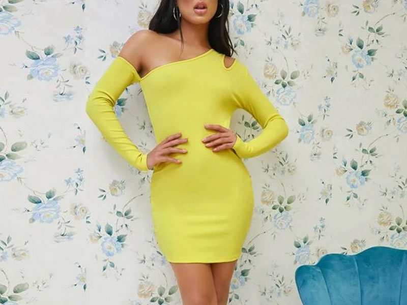 Women's Shein Neon Yellow Asymmetrical Neck Bodycon Dress